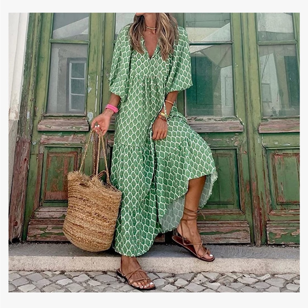 Bohemian Green Print Maxi Dress- Med